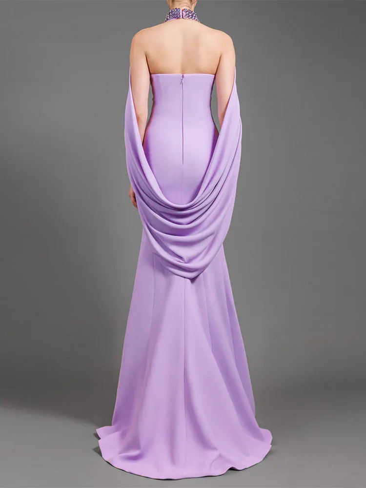 Halter Crystal Draped Maxi Dress Lavender