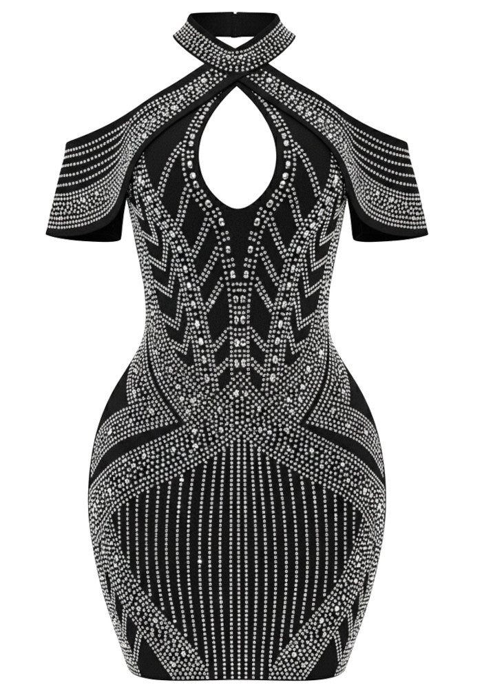 Halter Crystal Embellished Dress Black
