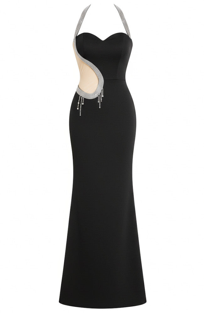 Halter Crystal Mesh Insert Maxi Dress Black