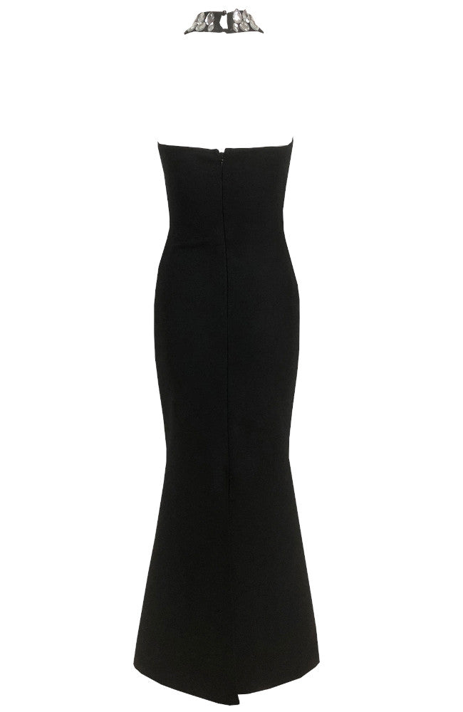 Halter Crystal Mermaid Maxi Dress Black