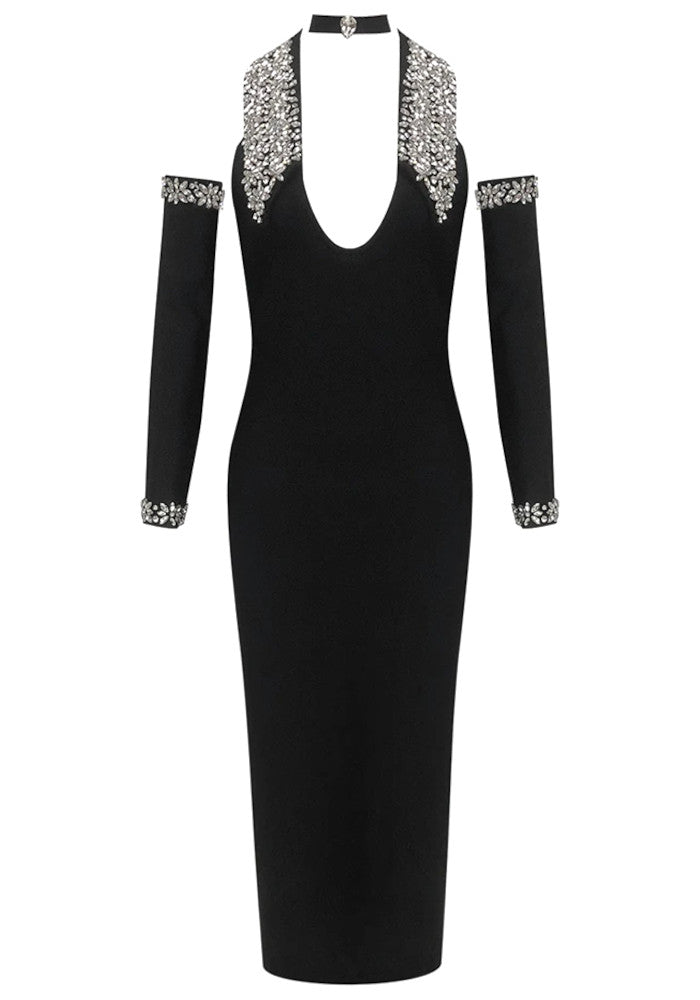 Halter Crystal Sleeves Midi Dress Black