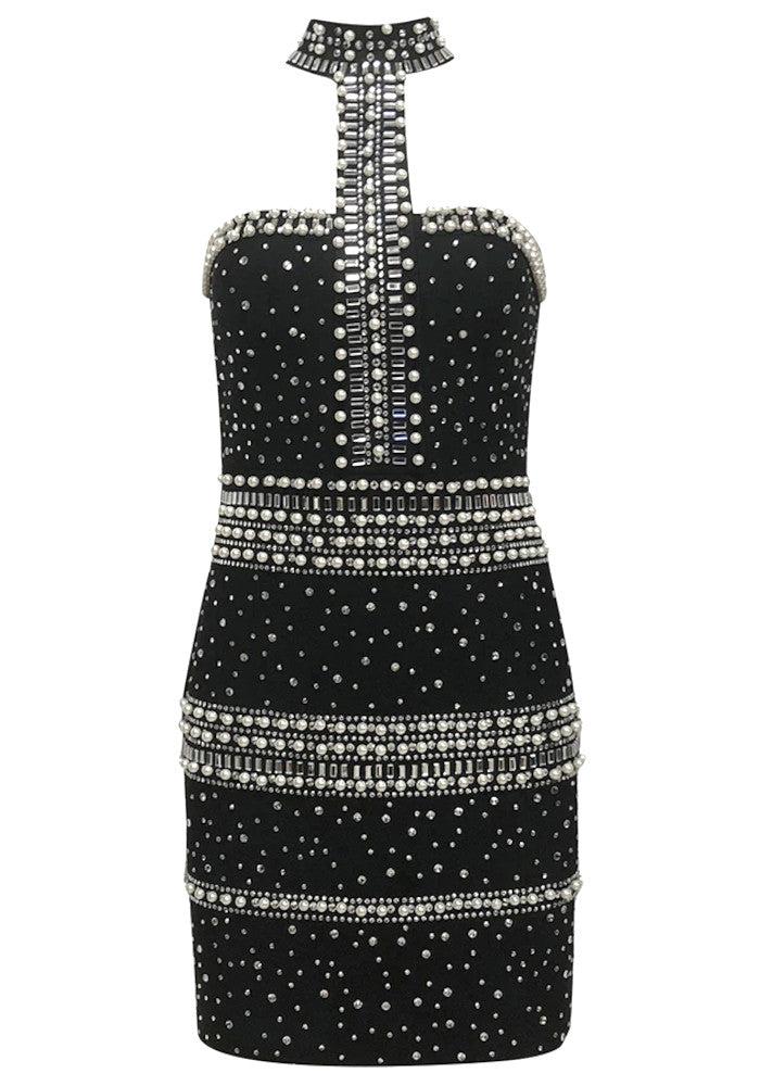 Halter Pearl Crystal Dress Black
