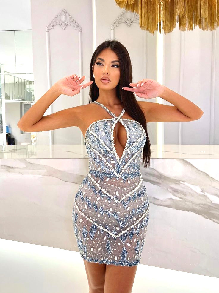 Halter Crystal Sequin Dress Blue