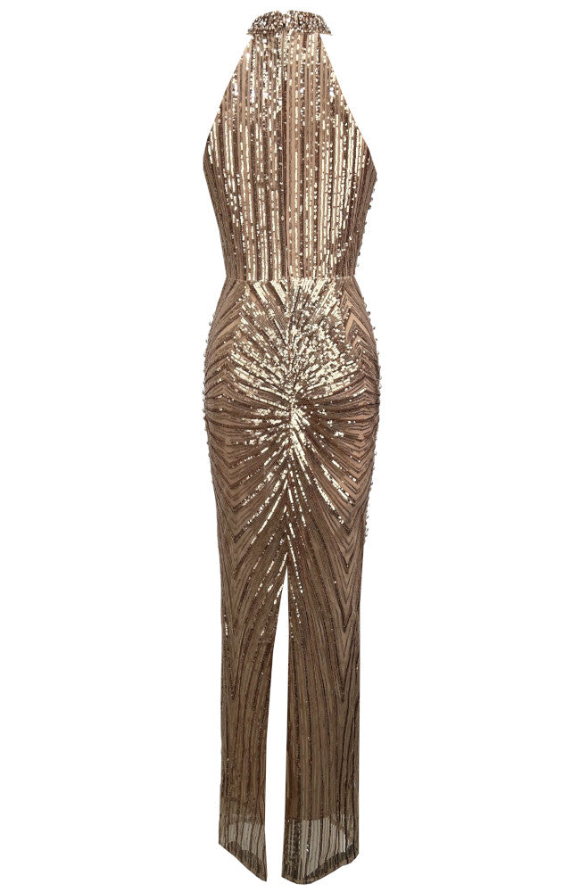 Halter Crystal Sequin Maxi Dress Gold
