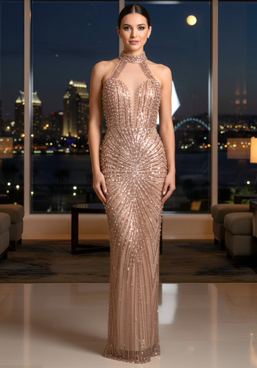 Halter Crystal Sequin Maxi Dress Gold