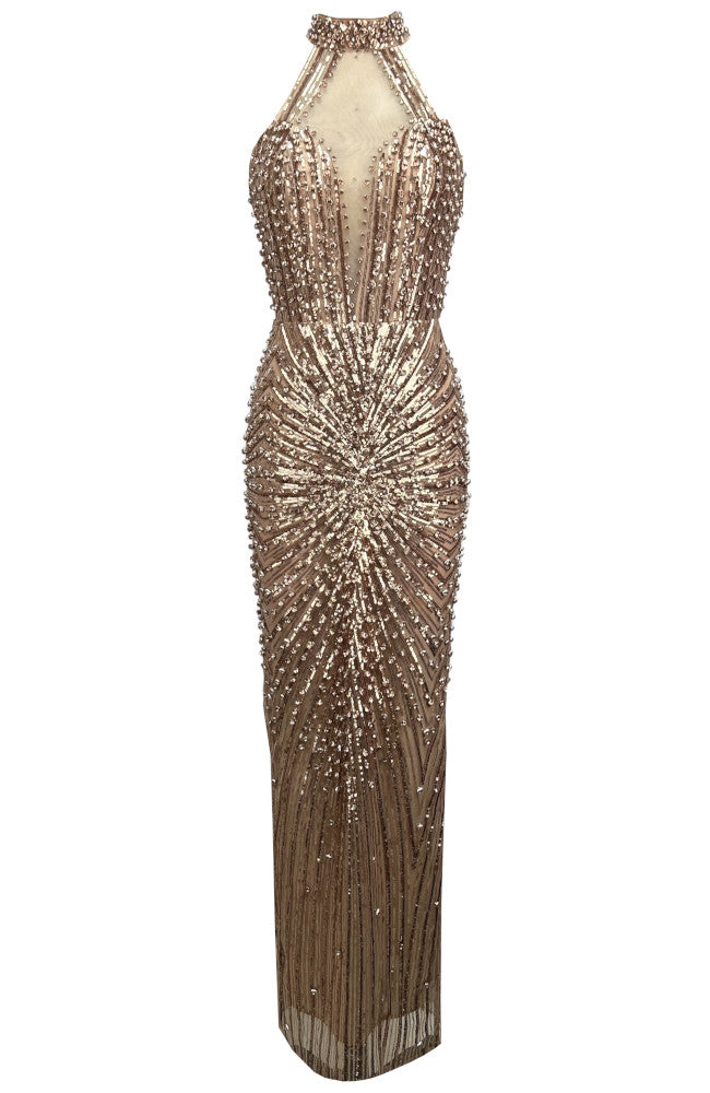Halter Crystal Sequin Maxi Dress Gold