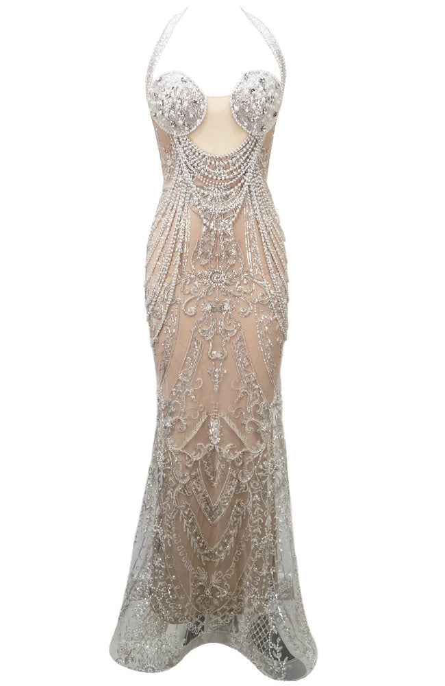 Halter Crystal Sequin Pearl Maxi Dress Nude