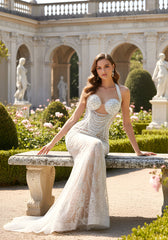 Halter Crystal Sequin Pearl Maxi Dress Nude