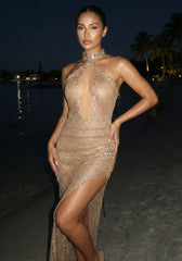 Halter Crystal Sparkly Maxi Dress Gold