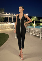 Halter Crystal Tassel Midi Dress Black