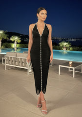 Halter Crystal Tassel Midi Dress Black
