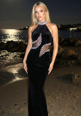 Halter Crystal Maxi Velvet Dress Black
