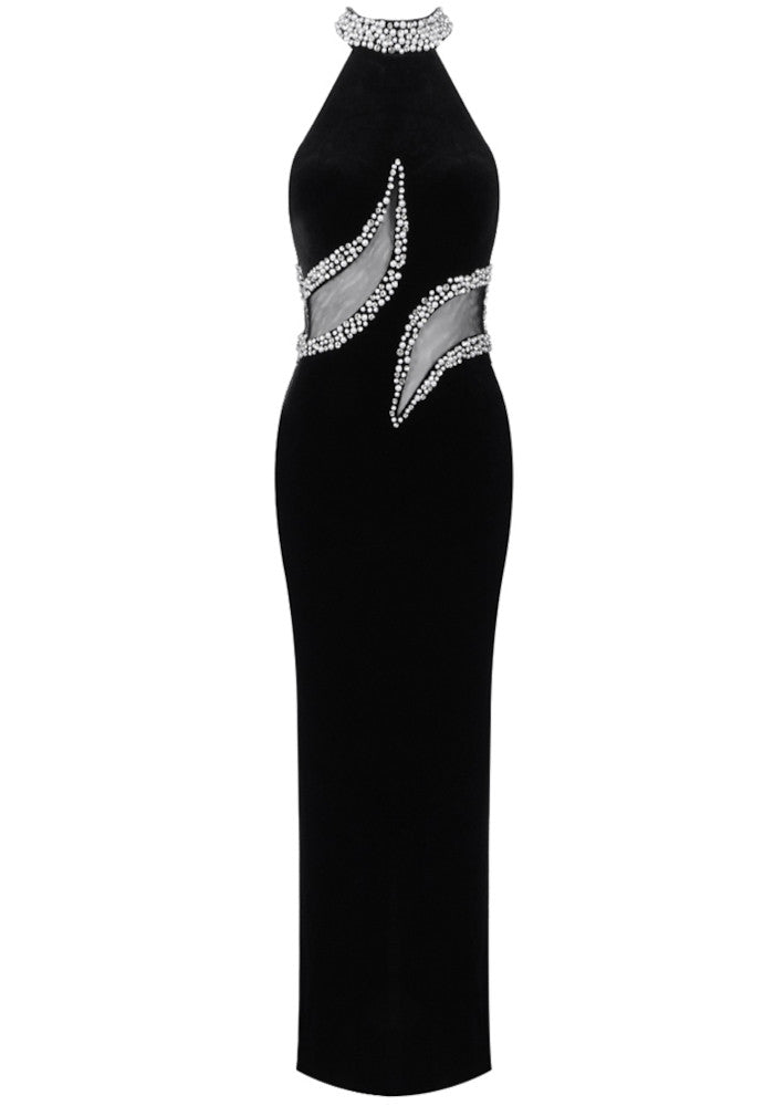 Halter Crystal Maxi Velvet Dress Black