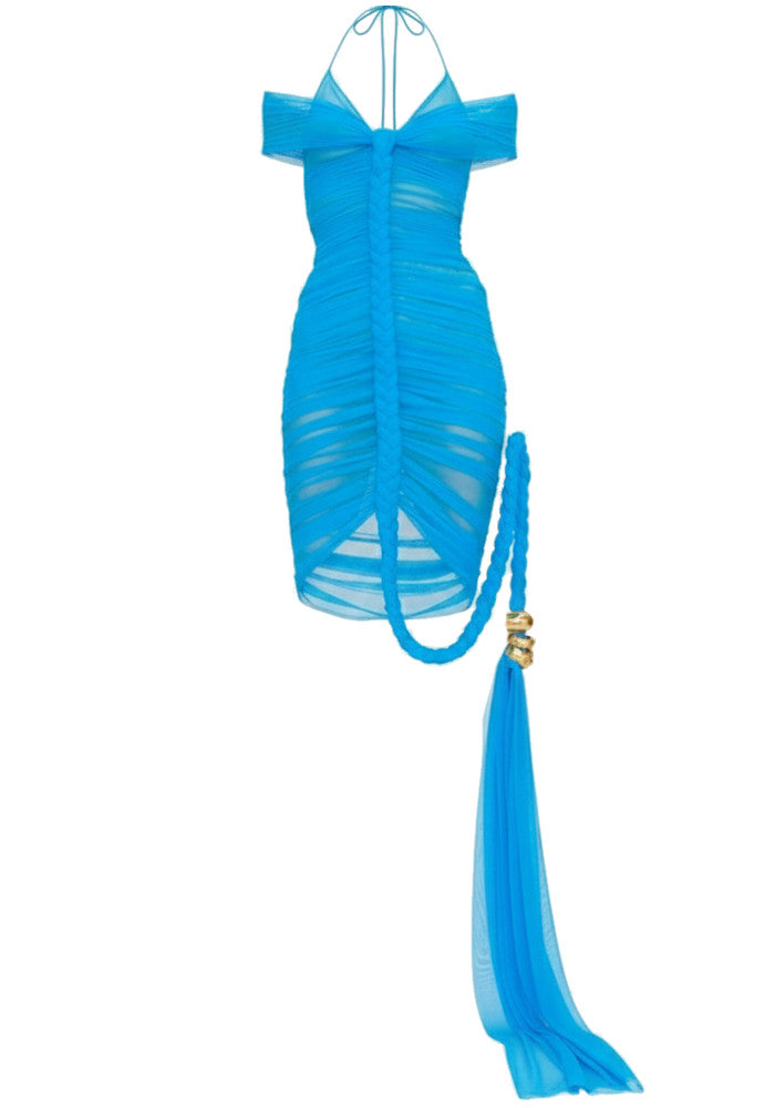 Halter Draped Dress Blue