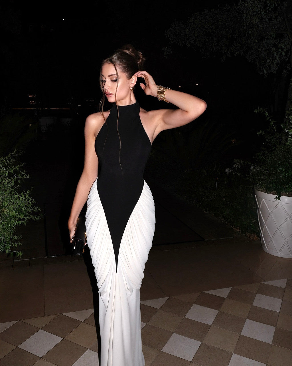 Halter Draped Detail Maxi Dress Black White
