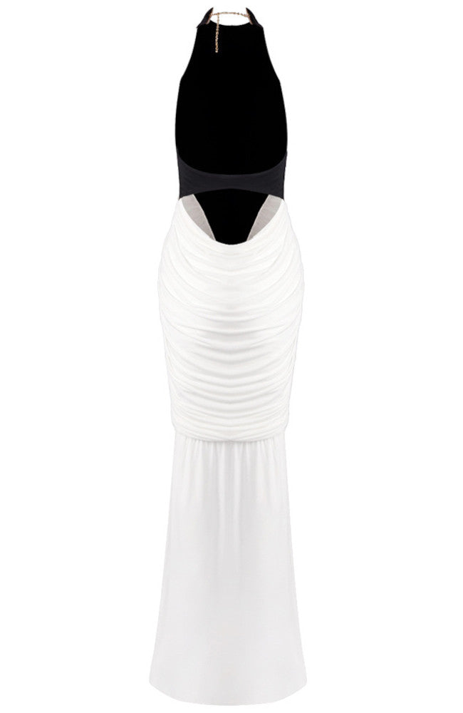 Halter Draped Detail Maxi Dress Black White
