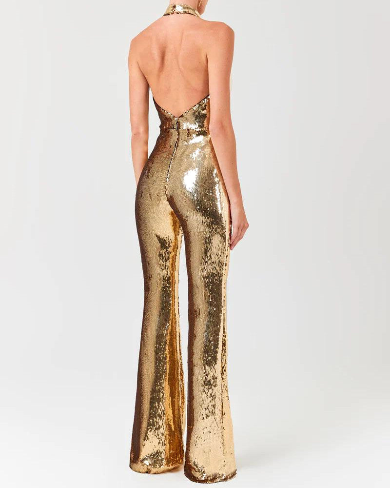 Halter Draped Sequin Jumpsuit Gold