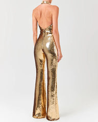 Halter Draped Sequin Jumpsuit Gold