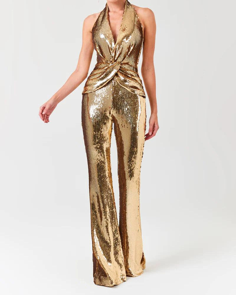 Halter Draped Sequin Jumpsuit Gold