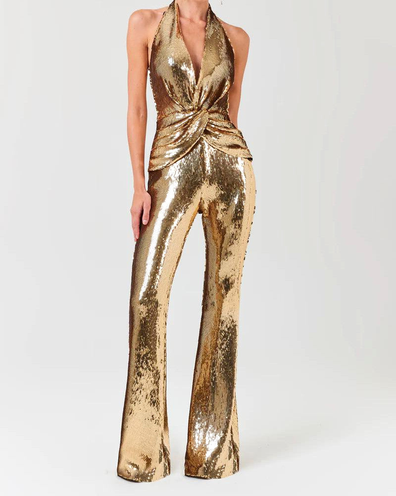 Halter Draped Sequin Jumpsuit Gold