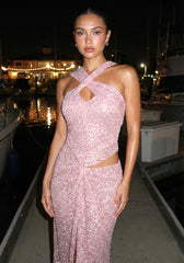 Halter Draped Sequin Maxi Dress Pink