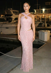 Halter Draped Sequin Maxi Dress Pink