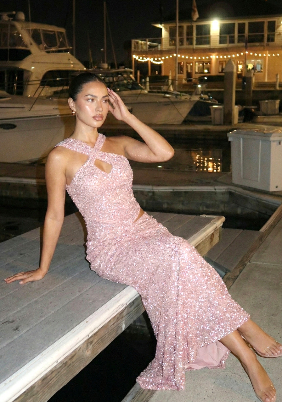 Halter Draped Sequin Maxi Dress Pink