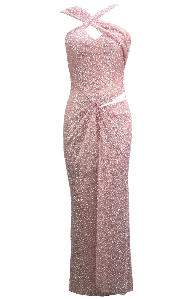 Halter Draped Sequin Maxi Dress Pink