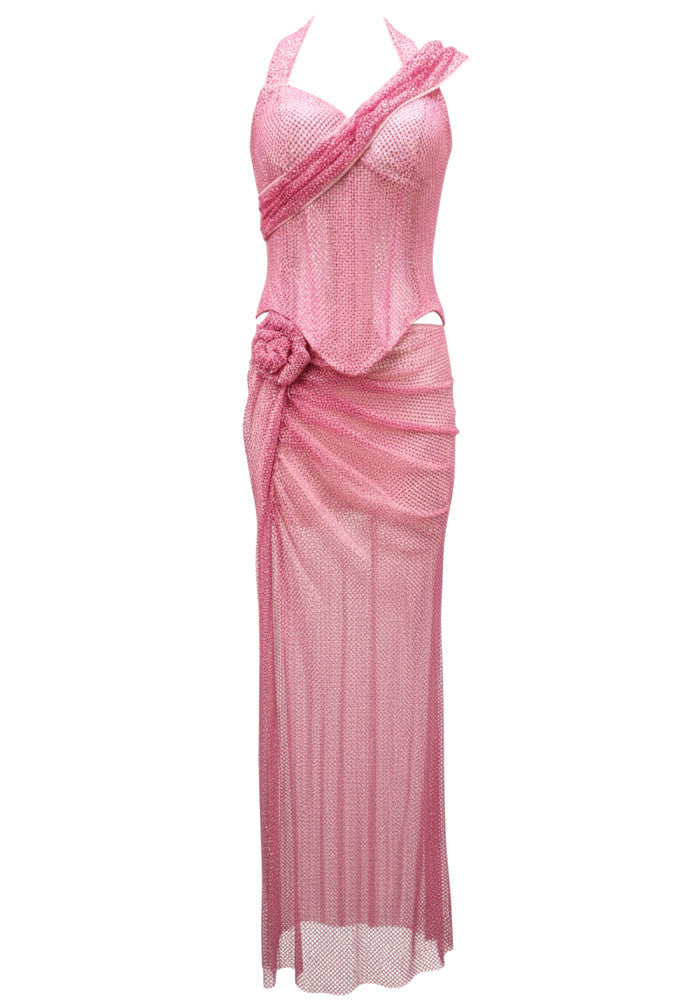 Halter Sparkly Two Piece Maxi Dress Pink