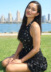 Halter Embellished Floral Hem Dress Black