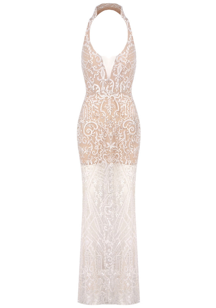 Halter Embellished Lace Maxi Dress Nude