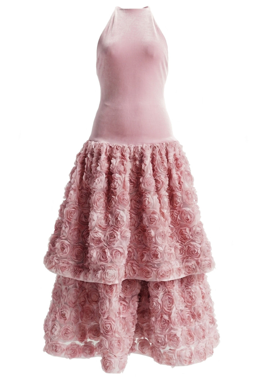 Halter Floral Ruffle A Line Maxi Dress Pink