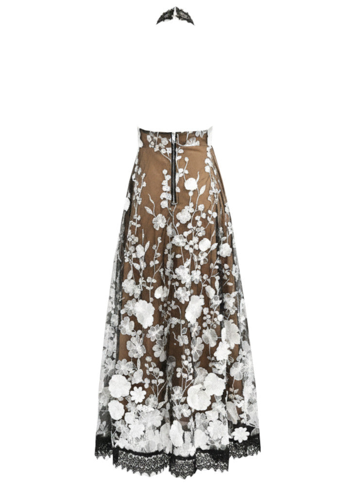 Halter Floral Crochet A Line Midi Dress Black White