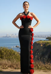 Halter Floral Crystal Maxi Dress Black Red