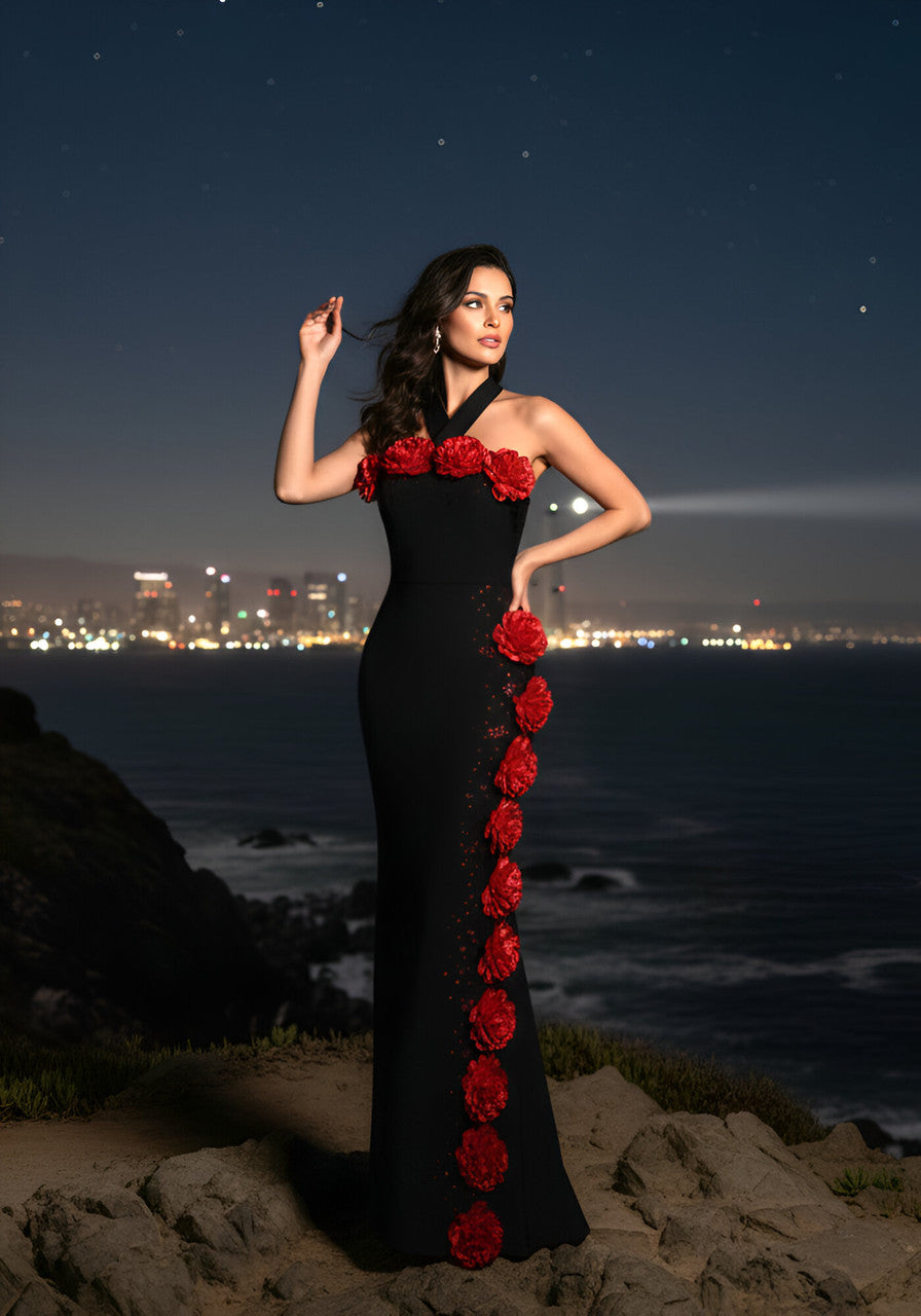 Halter Floral Crystal Maxi Dress Black Red