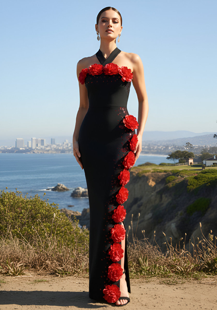 Halter Floral Crystal Maxi Dress Black Red