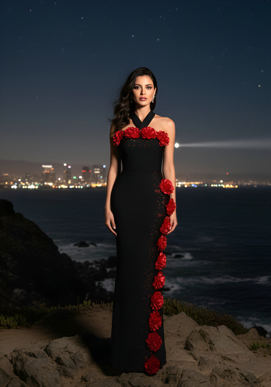 Halter Floral Crystal Maxi Dress Black Red