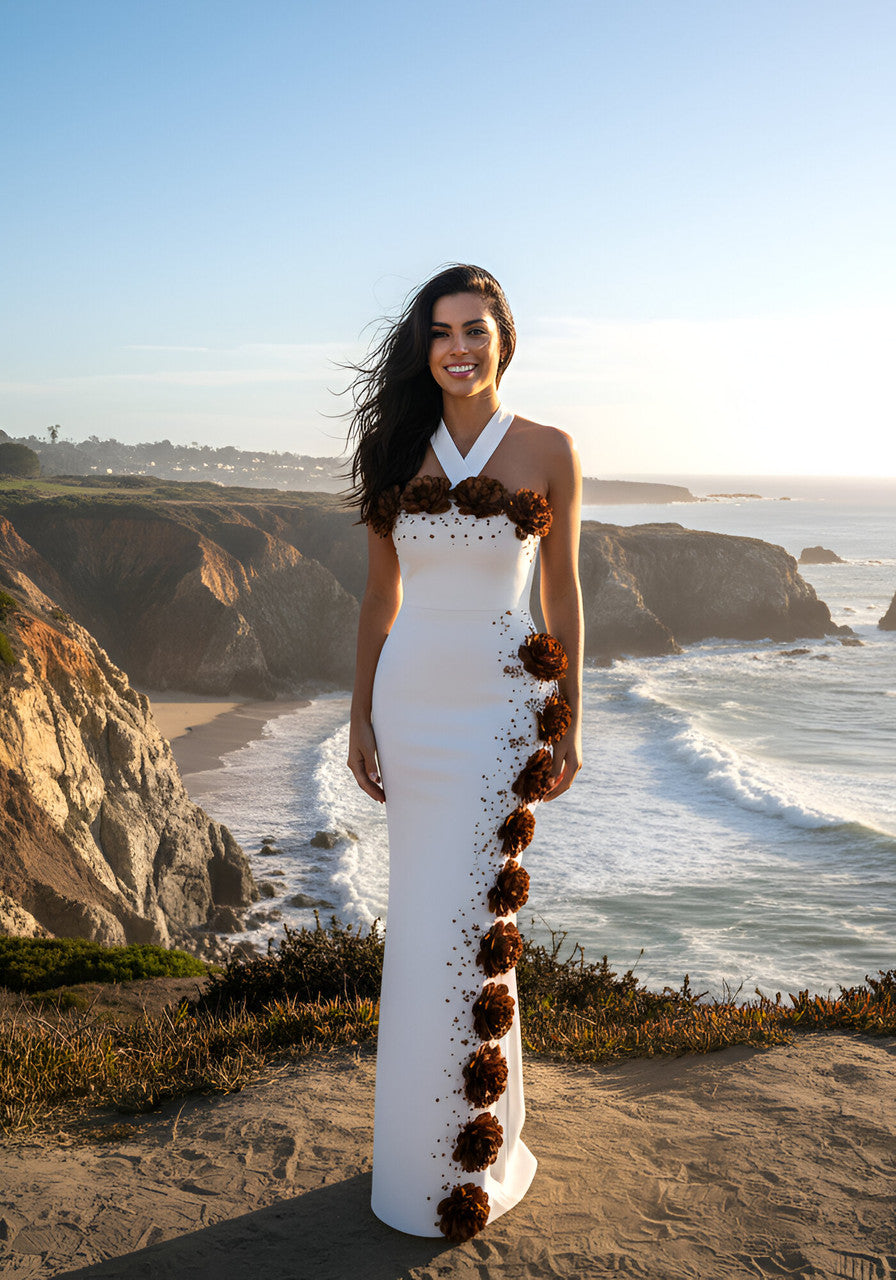 Halter Floral Crystal Maxi Dress White Brown