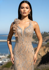 Halter Floral Crystal Sequin Maxi Dress Nude