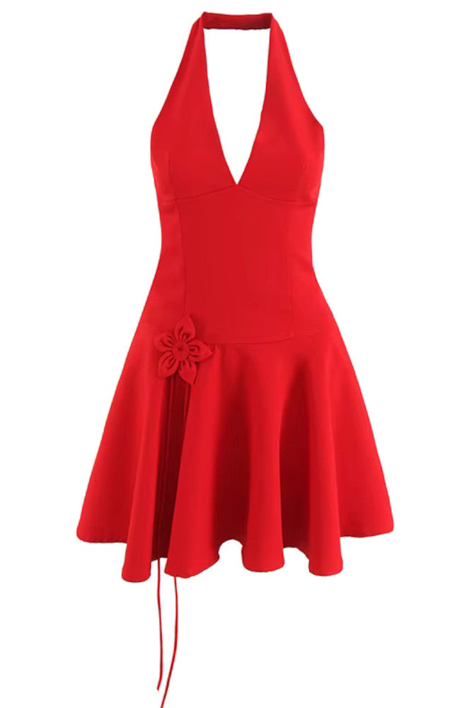 Halter Floral Detail Skater Dress Red