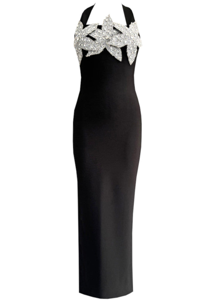 Halter Embellished Floral Maxi Dress Black