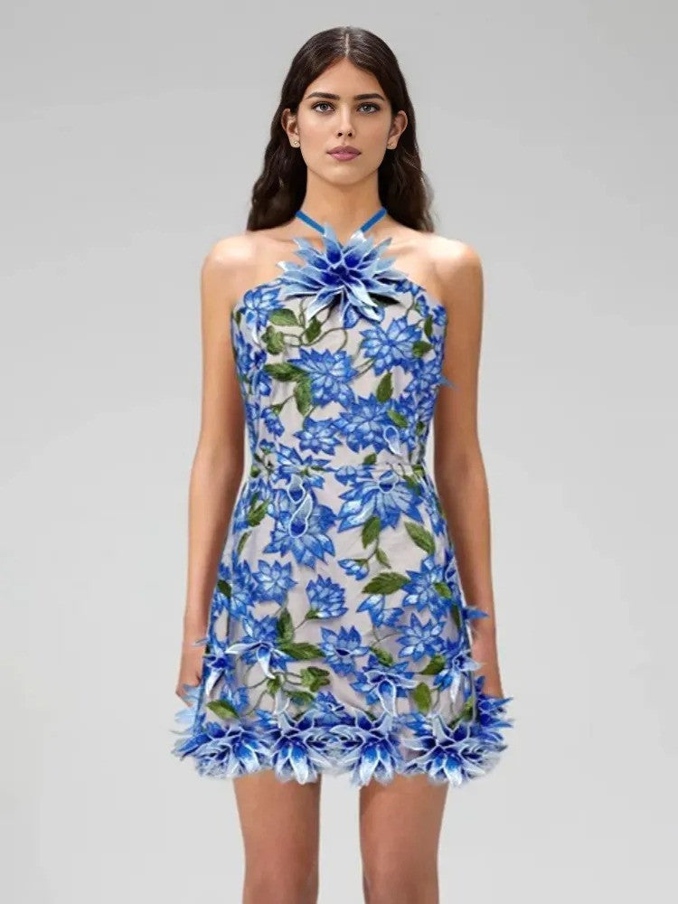 Halter Floral Embroidered Dress Blue