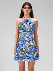 Halter Floral Embroidered Dress Blue