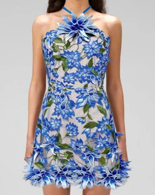 Halter Floral Embroidered Dress Blue