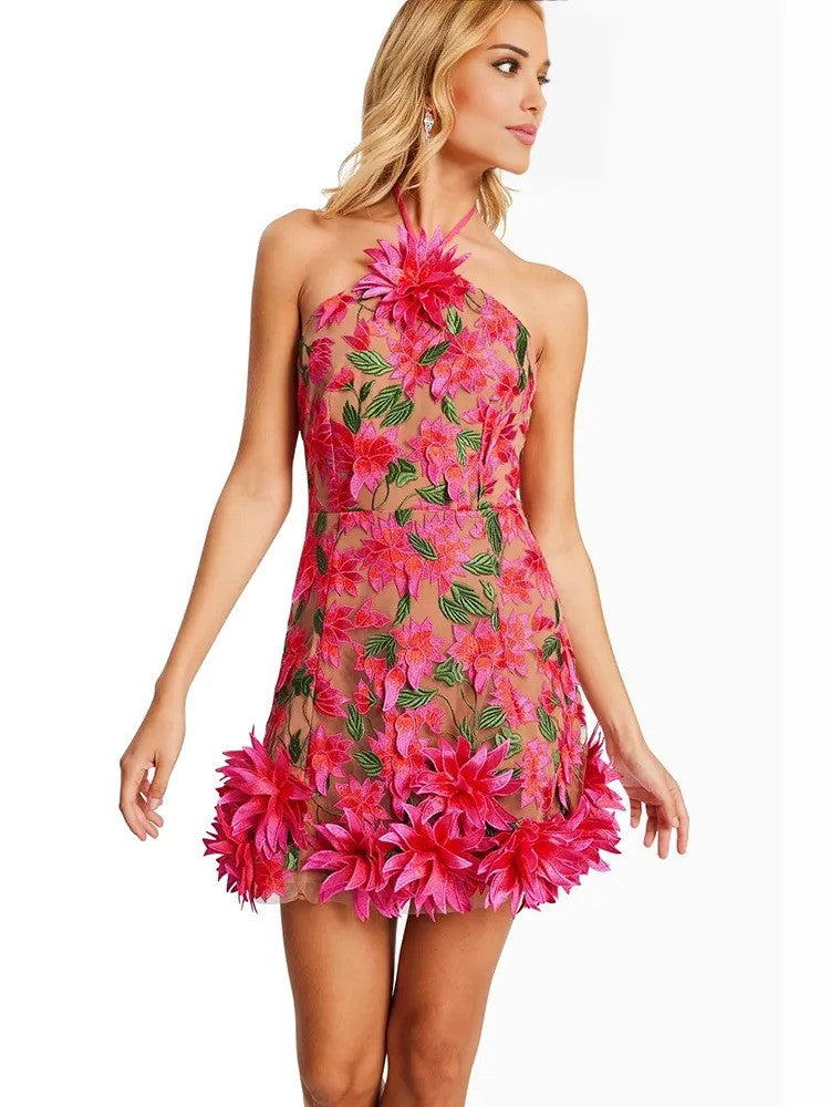 Halter Floral Embroidered Dress Hot Pink