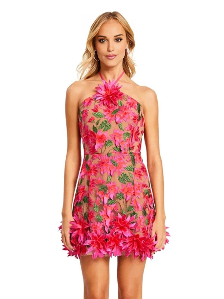 Halter Floral Embroidered Dress Hot Pink