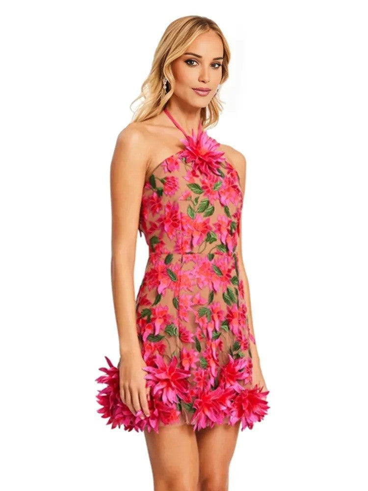 Halter Floral Embroidered Dress Hot Pink