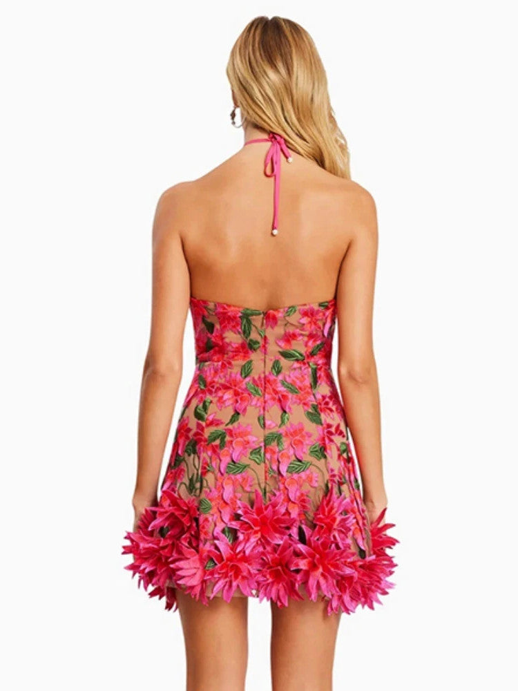 Halter Floral Embroidered Dress Hot Pink