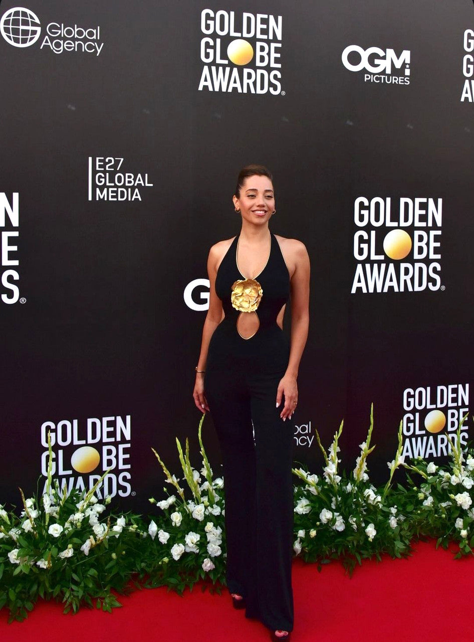 Halter Floral Jumpsuit Black Gold