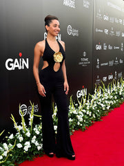 Halter Floral Jumpsuit Black Gold